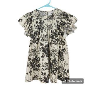 Lini Blouse Black White Jane Floral Smocked Flutter Sleeves Cotton Top Size S